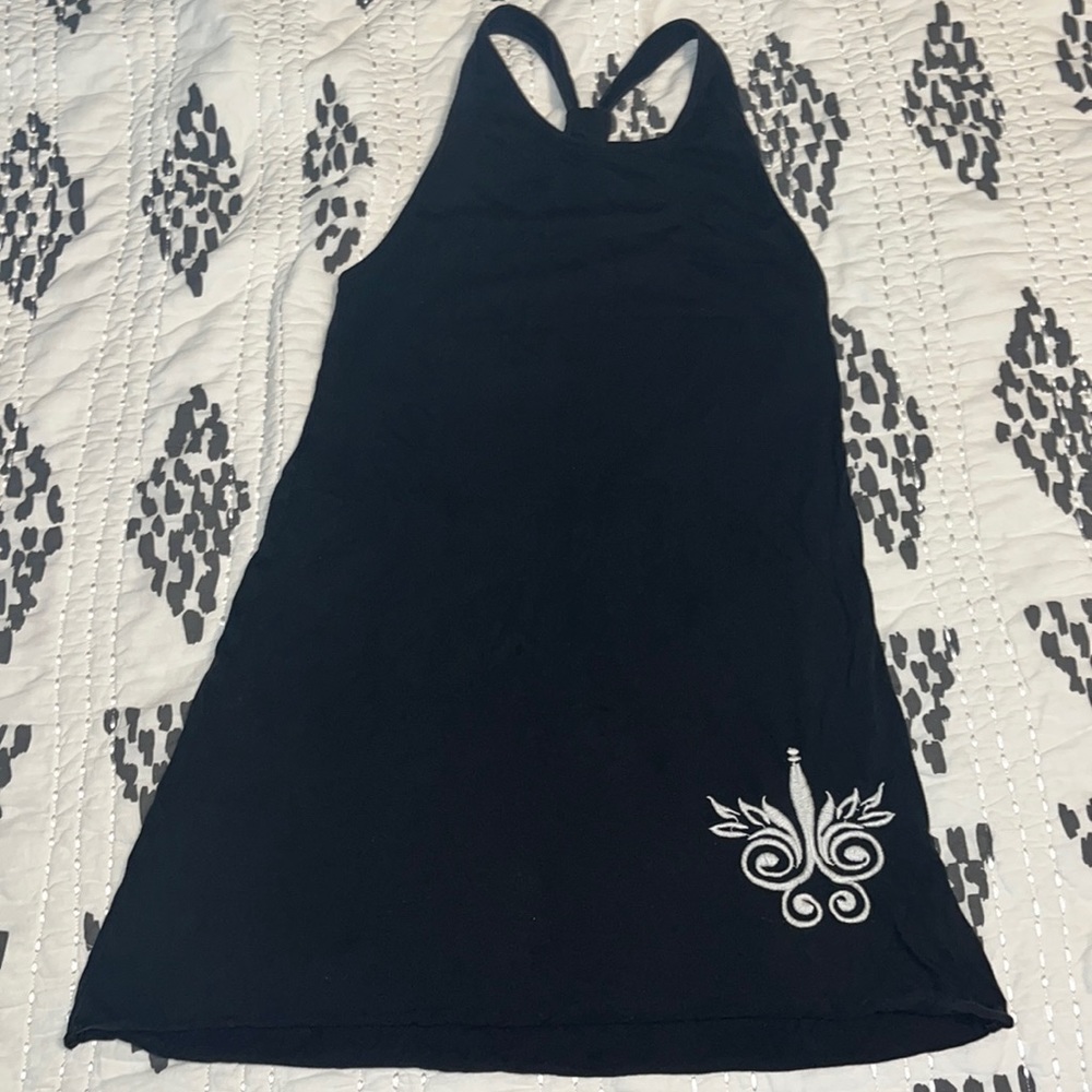Black tank top, white embroidery on front and back, small